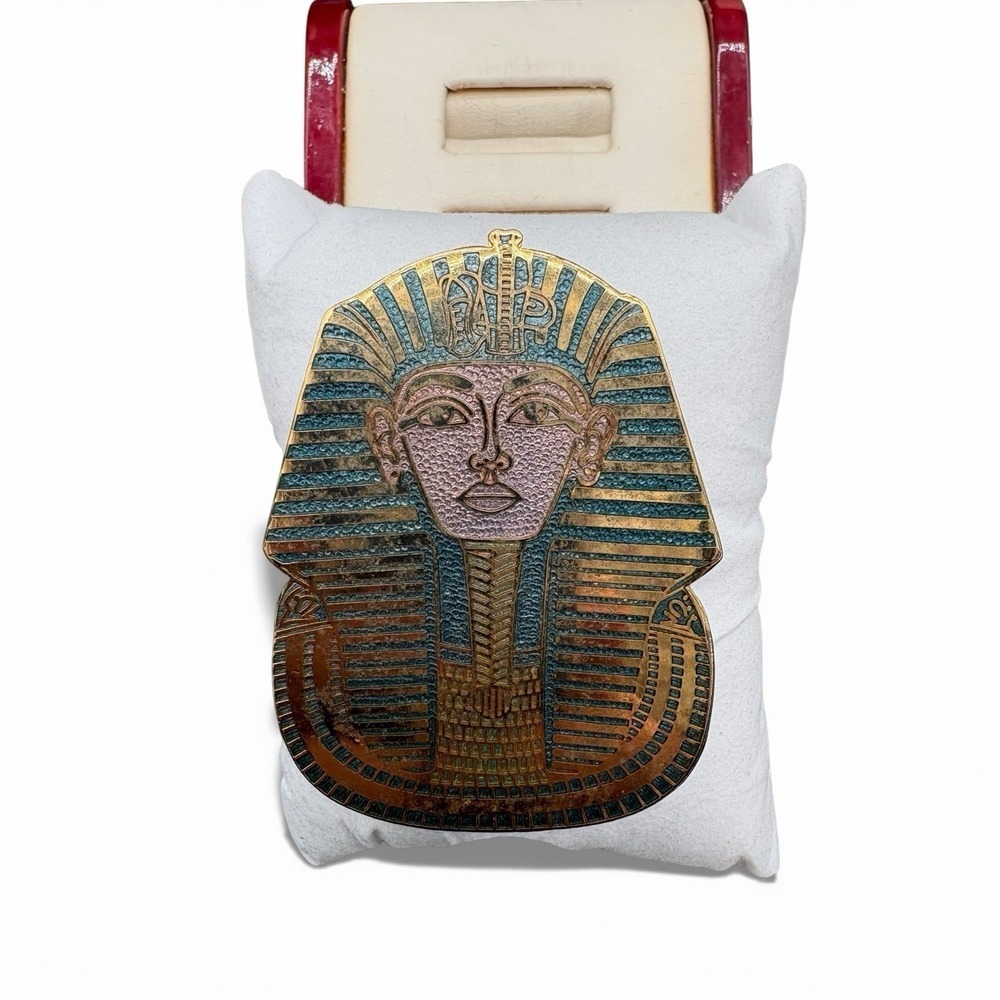 Egyptian Pharaoh Mask‎ Brooch Enamel Brass Gold Tone Large Statement Pin